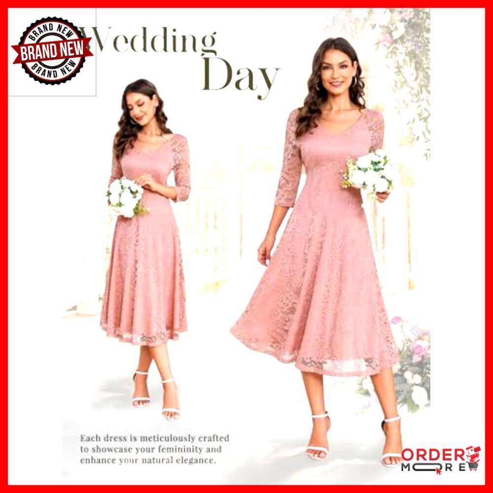 Long Sleeve Lace Midi Dress A-Line Formal Wedding Guest Party Cocktail - Picture 4 of 7